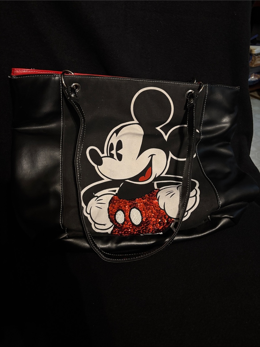 Disney Mickey Mouse black tote with red sequined pants and beaded buttons